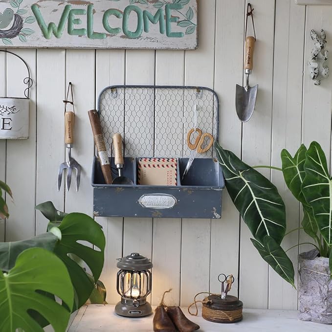 Vintage Metal Hanging Flower Pot Rustic Wall Mounted Planter with 3 Compartment Farmhouse Plants Holder Succulents Tubs for Garden Railing Fence Patio Yard Outdoor Decor Blue