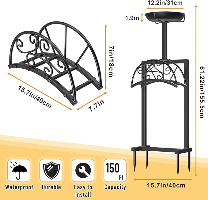 Garden Hose Holder Hanger Freestanding, Upgraded 4 Spikes Heavy Duty Storage Reel Stand with Bird Feeder Bowl, Holds 150ft Hose for Outside Garden Yard Lawn Vegetable Patch