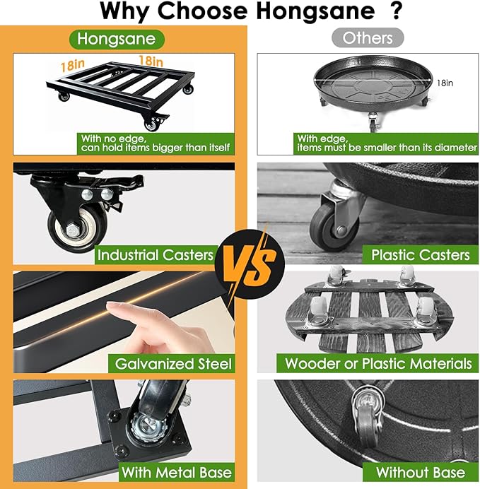 18" Square Plant Stand with Wheels Heavy Duty,Large Metal Plant Caddy Indoor Outdoor Use,Rolling Plant Dolly with Industrial Casters,Rust-Proof Black Plant Tray for Large Planters Pots,2-Pack