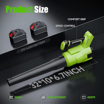 Electric Leaf Blower Cordless, 200 MPH Wind Speed, 2 x 4.0Ah Batteries, Handheld Leaf Blowers for Lawn Care, Stepless Speed Control, Portable Lightweight Grass Blower for Yard, Patio