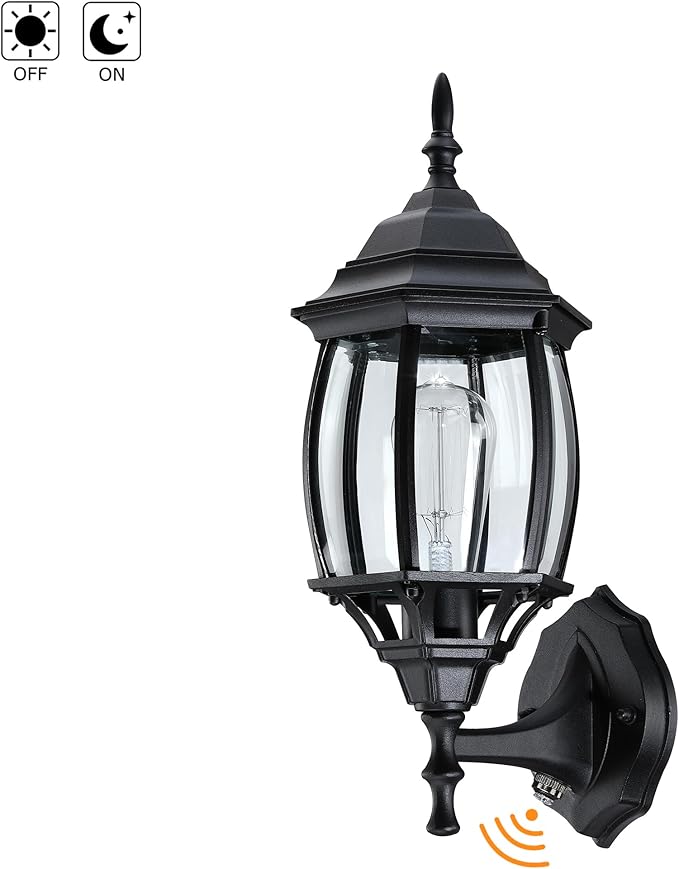 16.8 Inch Outdoor Porch Light Dusk to Dawn, Black Outside Lights for House Outdoor Exterior Wall Sconce with Dusk to Dawn Sensor, Black Wall Lantern for Porch Garage,Front Door,E26