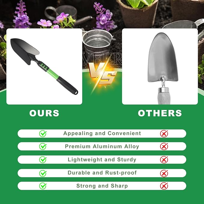 Garden Tool Set, 3 Pack Gardening Tools, Stainless Steel Heavy Duty Hand Cultivator, Hoes, Shovel, for Planting Weeding Digging, Green