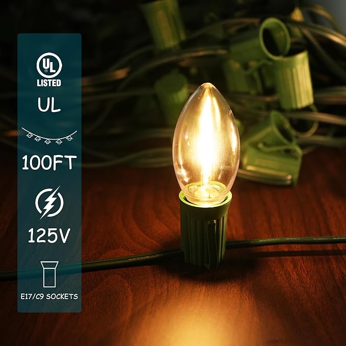 LUCKY TL 100 FT C9/E17 Christmas Light Sockets Spool Set, Green SPT-1 Wire, 12 Inch Spacing, C9 Outdoor String Lights, UL Listed