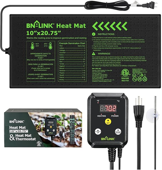 BN-LINK Seedling Heat Mat with Thermostat Controller Combo Set, 10" x 20.75" Plant Heating Mat for Seed Starting with Temperature Control for Indoor Growing, Plants Germination, ETL Listed