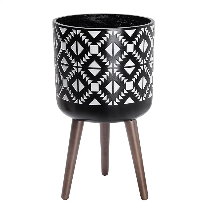 D'vine Dev 12 Inch Planter Pot with Stand, Mid-Century Tall Plant Pot with Legs for Indoor Plants, White/Black, 88-G-C-4