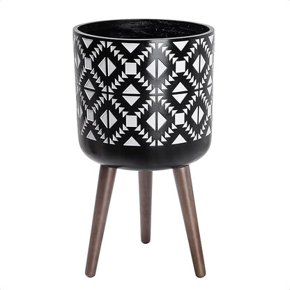 D'vine Dev 12 Inch Planter Pot with Stand, Mid-Century Tall Plant Pot with Legs for Indoor Plants, White/Black, 88-G-C-4