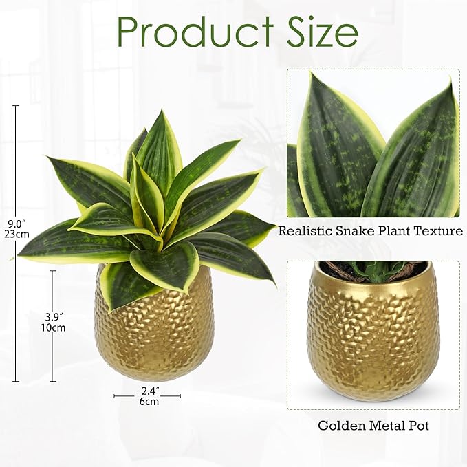 Hollyone Artificial Snake Plants 9" Faux Agave Succulent Plant Potted in Gold Metal Pot Fake Sansevieria Aloe Tropical Plant for Desk Modern Office Home Bathroom Indoor Outdoor Decor