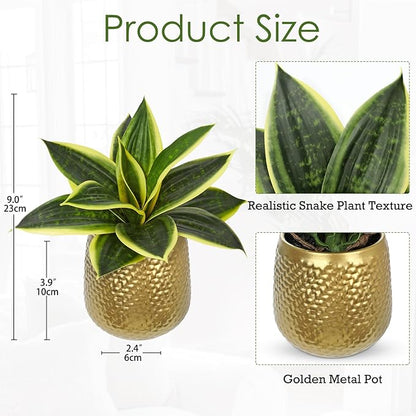 Hollyone Artificial Snake Plants 9" Faux Agave Succulent Plant Potted in Gold Metal Pot Fake Sansevieria Aloe Tropical Plant for Desk Modern Office Home Bathroom Indoor Outdoor Decor