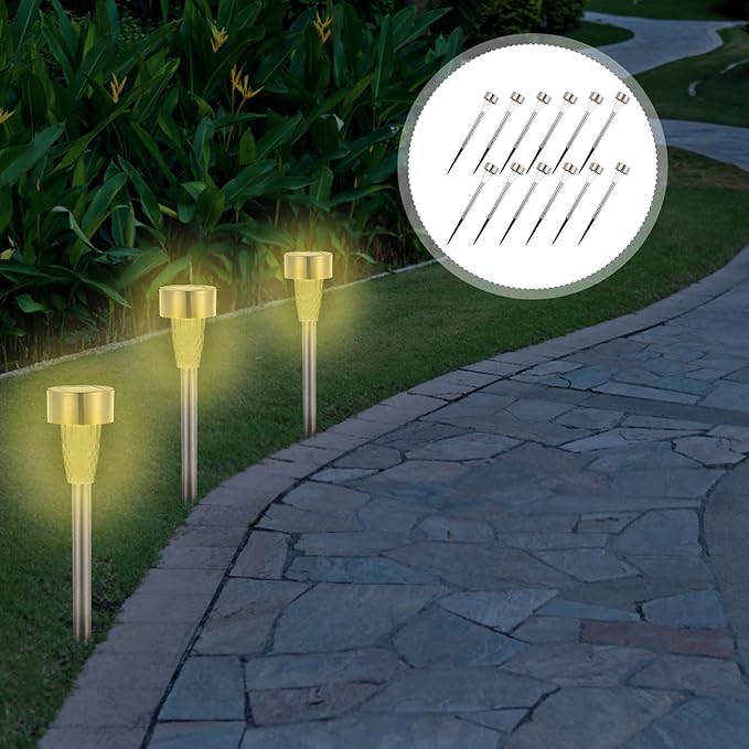 12Pcs Stainless Steel Solar Lawn Stake Lights Warm White Outdoor Pathway Garden Solar Powered Decorative Lighting for Yard Patio