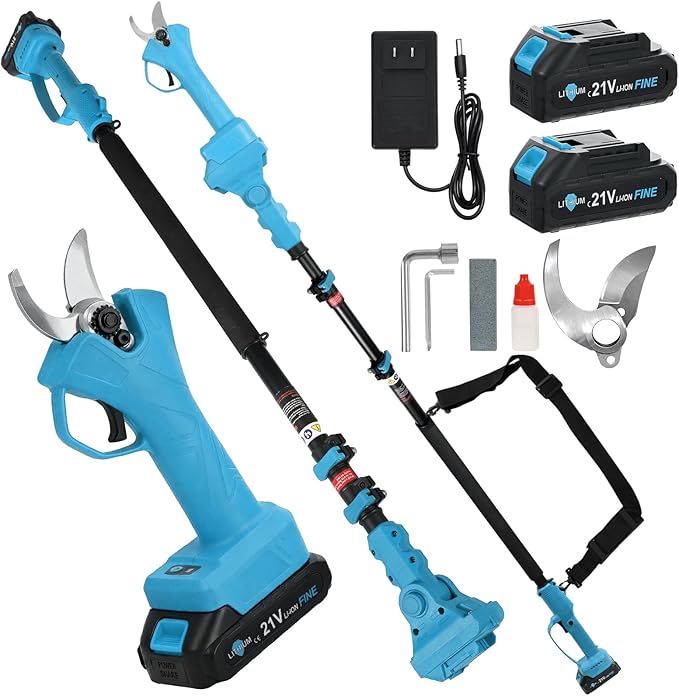 Brushless Electric Pruning Shears,15FT Telescoping Rod Pole Pruners for Tree Trimming, Electric Tree pruner Cutter with 2 * 21V 4000mAH Batteries, 1.2 Inch Cutting Diameter, with Replace Blade (Blue)