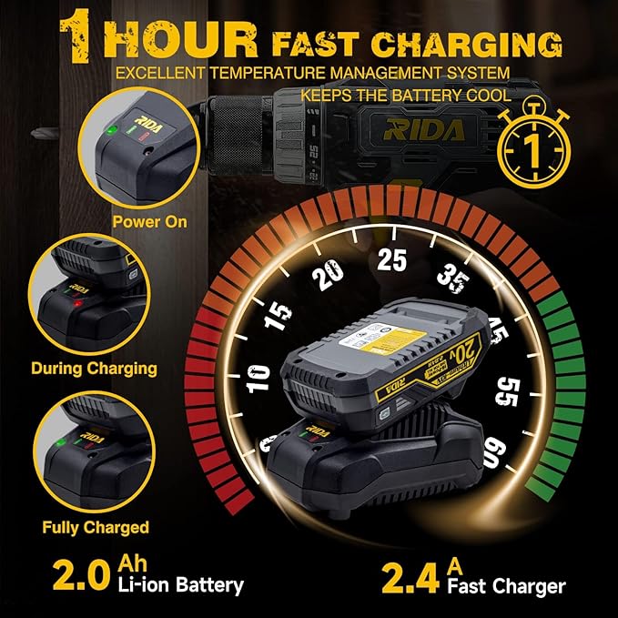 RIDA Cordless Drill Power Drill Cordless 20V 1/2'' Keyless Metal Chuck 355 In-lb(40N.m) Torque with 2.0AH Li-ion Battery & Fast Charger, Variable Speed, 25+1 Position and 22pcs Bits