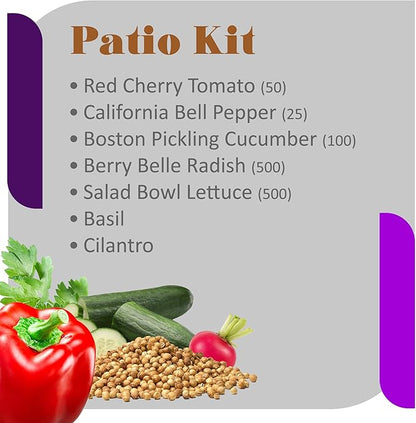 Patio Kit - 2000 Seeds for Red Cherry Tomato, California Bell Pepper, Boston Pickling Cucumber, Berry Belle Radish, Salad Bowl Lettuce, Basil, & Cilantro - Indoor and Outdoor Gardening