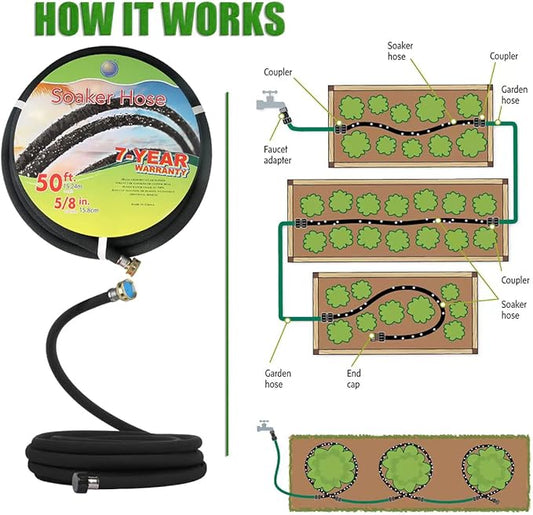 Cuckoo Soaker Hose 5/8" Diameter-Heavy Duty Rubber-Save 70% Water-Great for Garden Flower Beds. (50FT)
