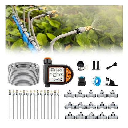 New Drip Irrigation Kits,Quick Connector Automatic Irrigation System,with Replaceable Bending Dropper,atomizing Copper Nozzle for Watering System for Garden Plant Lawn Patio. (20M+Timer)