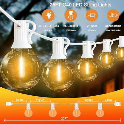 25FT LED Outdoor String Lights Waterproof Shatterproof with 25 Clear Plastic Bulbs & 2 Spares, White Wire for Cafe Garden Balcony Party Decor