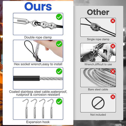 BLIKA String Light Hanging Kits, 250FT Coated Stainless Steel 304 Wire Rope, Outdoor Light Guide Wire, Globe String Light Suspension Kit Included Turnbuckles, Enough Accessories, Use Manual