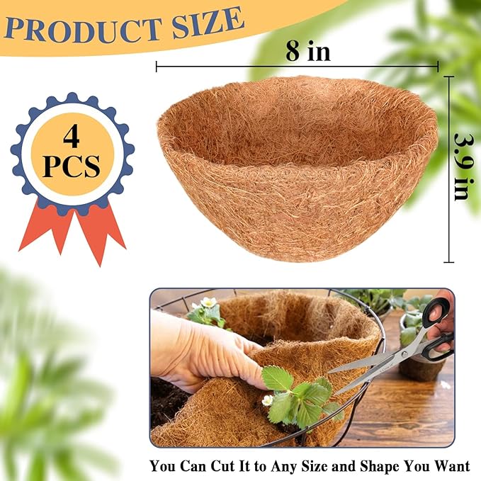 Halatool 4PCS 8 Inch Coconut Liners - 100% Natural Coco Fiber Round Liners for Planters, Flowers, Vegetables