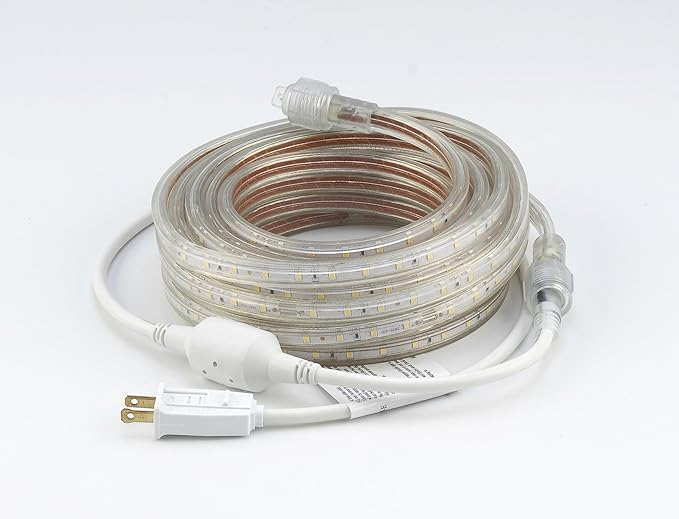 CBconcept UL Listed, 65 Feet,Super Bright 18000 Lumen, 3000K Warm White, Dimmable, 110-120V AC Flexible Flat LED Strip Rope Light, 1200 Units 5050 SMD LEDs, Indoor Outdoor Use, Ready to use