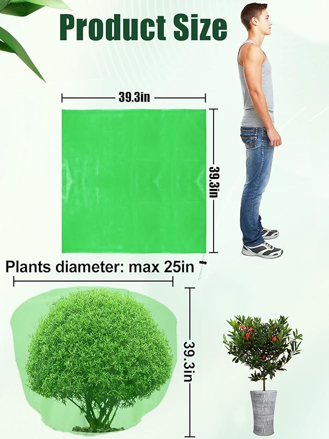 ANPHSIN 3 pcs 39.3in x 39.3in Plant Covers Freeze Protection - Winter Shrub Plant Protection Bags, Frost Blankets Cloths with Drawstring for Outdoor Garden Potted Plants, Green