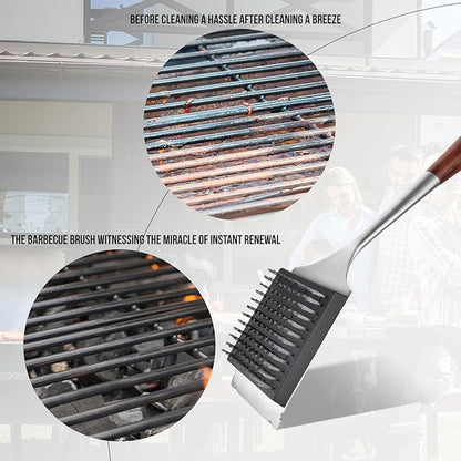 KULUNER Premium Grill Brush and Scraper - Solid Wood Handle, Scratch-Free Stainless Steel Bristles, Includes Replacement Brush Head - Features Bottle Opener, Compatible with All Grills