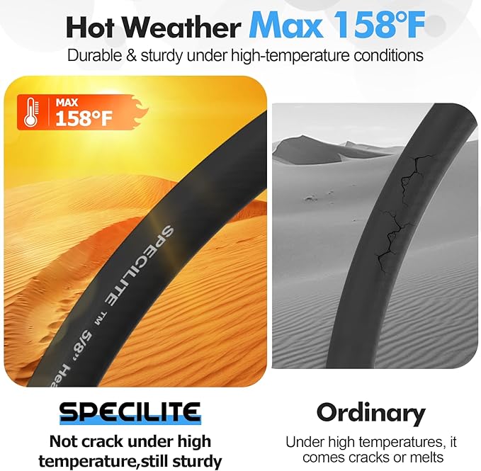 SPECILITE 5/8" Hot/Cold Garden Hose 150 ft with Industrial High Pressure Nozzle, Flexible & Lightweight, 600psi Burst Rubber Water hose -50℉-158℉ With 3/4"Stainless Steel Fittings for Yard, Black