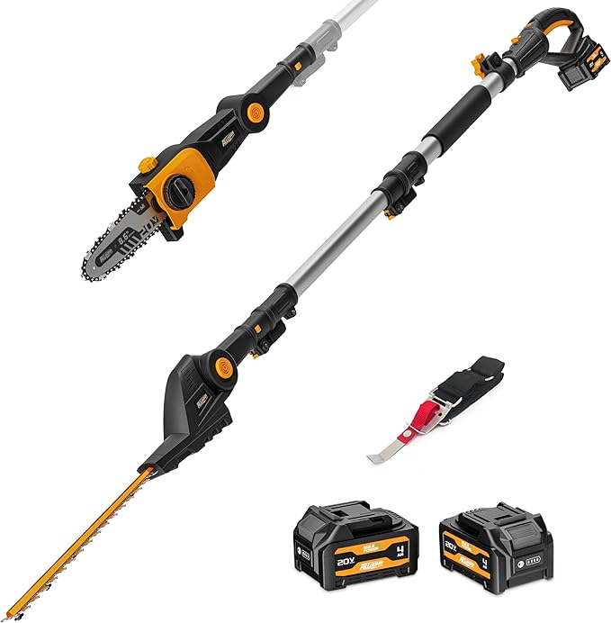 Alloyman 2-in-1 Telescopic Cordless Pole Hedge Trimmer 16-Inch and Pole Saw 8.6-Inch,with 2 Packs 4.0Ah Batteries & Charger,for Tree Trimming and Shrubs Pruning