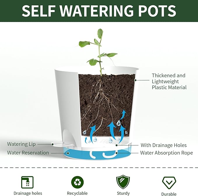 4 Inch 5 Pack Small Self Watering Pots for Indoor Plants, Nursery Pot with Drainage Holes and Saucers, Plastic Small Flower Planter for Succulent, Aloe, Cacti and More (White)