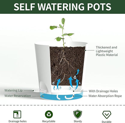 4 Inch 5 Pack Small Self Watering Pots for Indoor Plants, Nursery Pot with Drainage Holes and Saucers, Plastic Small Flower Planter for Succulent, Aloe, Cacti and More (White)