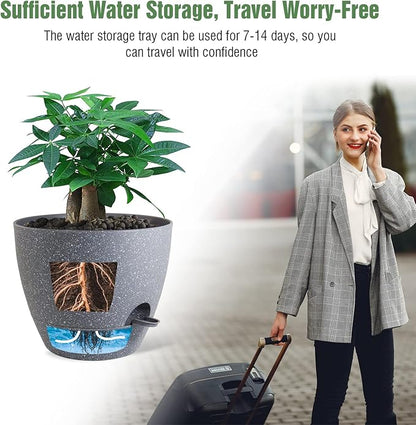 12 inch Large Self Watering Pots, Plastic Planters with 60oZ Removable Deep Reservoir and Multi Mesh Drainage Holes for Indoor Outdoor Garden Plants and Flowers, Grey Speckles