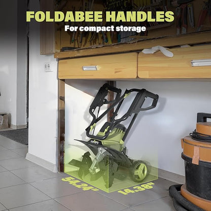 SOYUS 14 Inch Electric Tiller Cultivator 12 Amp Corded Tiller for Gardening, Garden Tiller with Folding Handle, 4 Steel Tines Wheeled Rototiller for Lawn Yard Soil Tilling