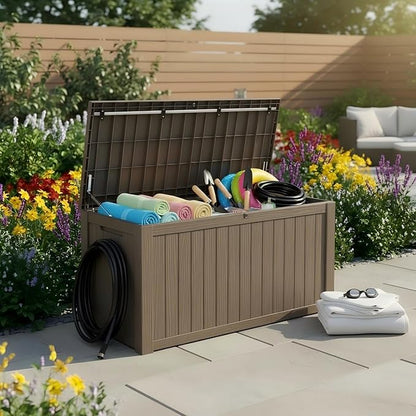 180 Gallon Resin Deck Box with Lockable Lid - Outdoor Waterproof Storage for Patio Furniture, Garden Tools, Cushions & Pool Accessories, All-Weather Wood Grain Design