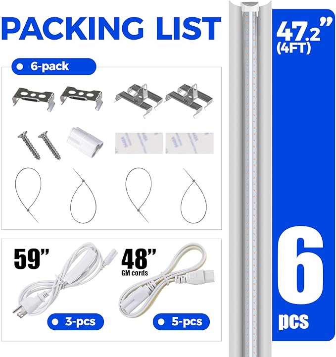 Barrina LED Grow Light, 252W(6 x 42W) 4ft T8, Full Spectrum, V-Shape with Reflector, Linkable Design, Plant Lights for Indoor Plants, 6-Pack