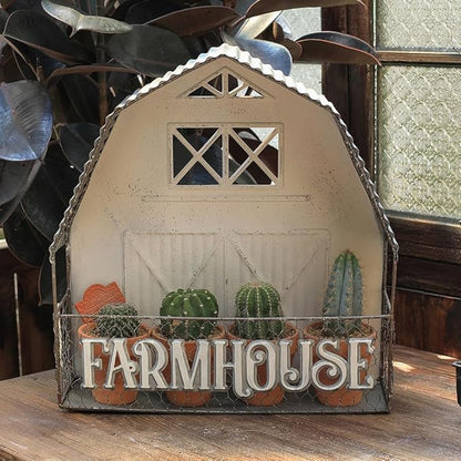 Vintage Rustic Metal Wall Plant Stand Decor Distressed Farmhouse Shaped Wall-Mounted Hanging Planter Holder for Indoor Outdoor Garden Patio Yard