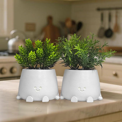White Planters with Artificial Plants Set - 2Pack Smiley Face Plants Pot with Fake Plant, Faux Succulent Plant Pots for Bathroom/Kitchen/Sill/Office Home Decor, Gifts for Mom/Women