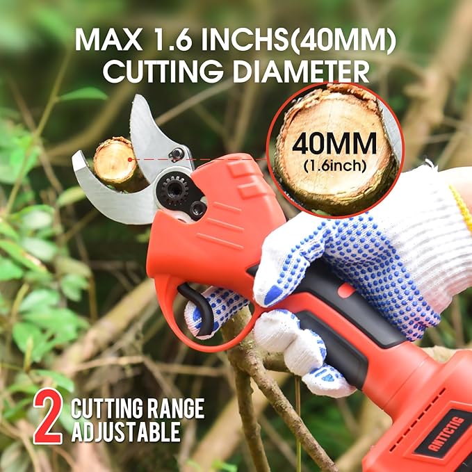 Electric Pruning Shears, 40mm 1.6" Cutting Diameter Cordless Power Pruner for Gardening with 2Pcs 2000mAh Rechargeable Batteries & Replacement Blades Set, Tree Pruner Branch Cutter(Red)