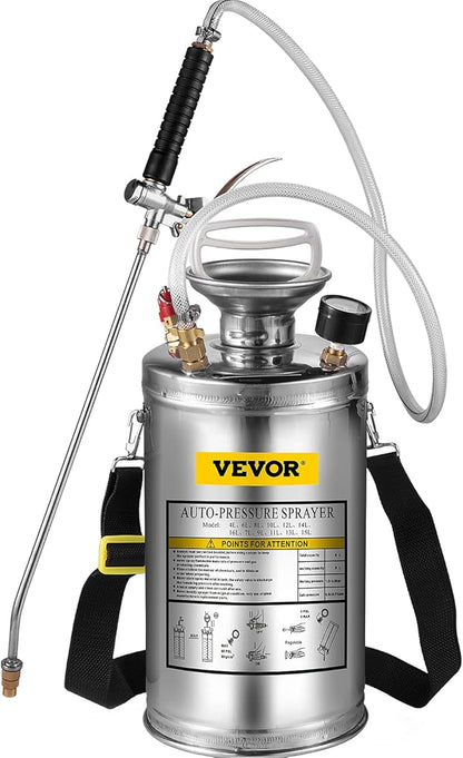 Happybuy 1.5 Gallon Stainless Steel Sprayer, 16" Wand&3.3FT Reinforced Hose, Hand Pump Sprayer with Pressure Gauge, Safety Valve&Adjustable Nozzle, Weed Sprayers for Lawn, Gardening & Sanitizing