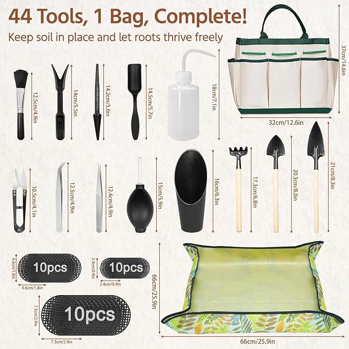 LASZOLA 45 pcs Repotting Set with Potting Mat Tiny Tools for Indoor Plants Succulents, Gardening Bag Kit with Waterproof Tray and Mini Tools, Ideal for Soil Replacement Seedling Transplanting, Yellow
