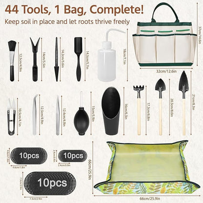 LASZOLA 45 pcs Repotting Set with Potting Mat Tiny Tools for Indoor Plants Succulents, Gardening Bag Kit with Waterproof Tray and Mini Tools, Ideal for Soil Replacement Seedling Transplanting, Yellow