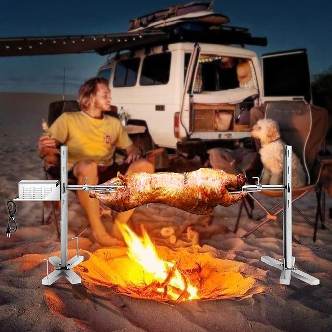 Rotisserie Grill Kit Stainless Steel Tripod Rotisserie Stand, 52inch Pig Lamb Hooded Roaster Charcoal Spit with 30W Motor & Adjustable Height Lockable Casters for Outdoor Camping Party, Rated 150 LB