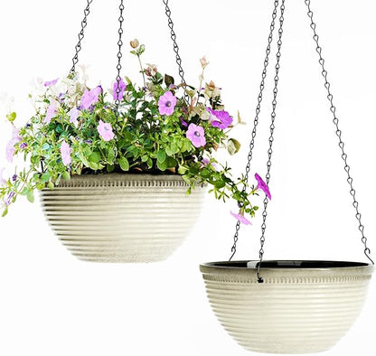2 Pack Hanging Planters for Indoor Outdoor Plants, 10 Inch Hanging Planter with Drainage Hole & Plug Glazed Hanging Baskets Flower Pots for Garden Home (Off-White)