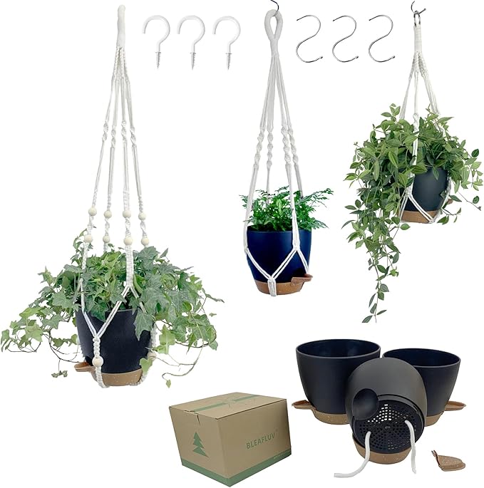 Hanging Planters with Macrame Plant Hangers for Indoor Outdoor Plants,3 Set Hanging Baskets Flower Pots Holders 35‘’/27‘’/21‘’,Self-Watering Pots 7‘’/6‘’/5.5‘’,Boho Home Decor (Black)