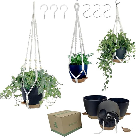Hanging Planters with Macrame Plant Hangers for Indoor Outdoor Plants,3 Set Hanging Baskets Flower Pots Holders 35‘’/27‘’/21‘’,Self-Watering Pots 7‘’/6‘’/5.5‘’,Boho Home Decor (Black)