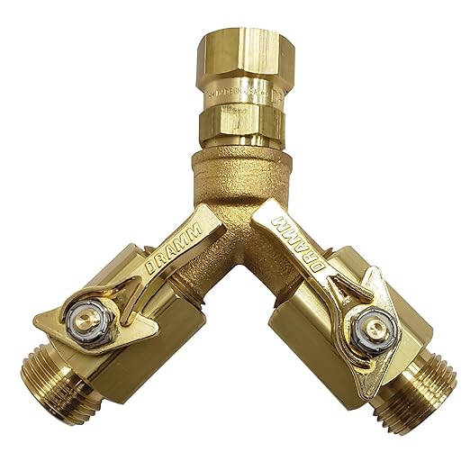 Dramm 35005 Heavy Duty Brass Twin Shut Off Valve – Full Water Flow, Quarter Turn Control, Corrosion-Resistant Seals, Swivel Connector – Solid Brass Garden Hose Adapter, Made in USA