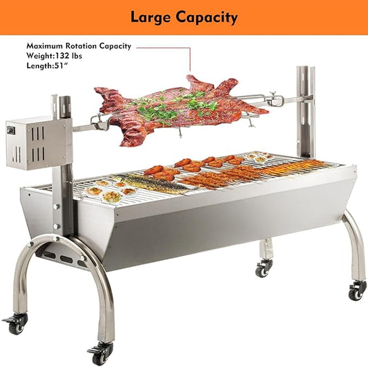 50W Rotisserie Grill With Wind Screen - 51 Inch BBQ Outdoor Pig & Lamb Spit Roaster - 132LBS/60KG Stainless Steel Charcoal Spit Rotisserie Grill for Camping & Outdoor Barbecue