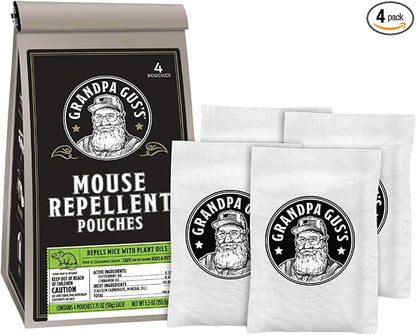 Grandpa Gus's Extra-Strength Mouse Repellent Pouches, Cinnamon/Peppermint Oils Repel Mice from Nesting & Freshen Air in Car/RV/Boat/Garage/Shed/Cabin (Pack of 4)