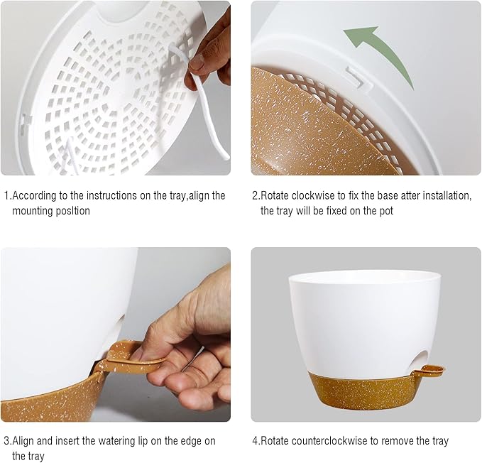 Large Self Watering Pots, 12/10/9 Plastic Planters with High Drainage Holes and Deep Reservoir for Indoor Outdoor Garden Plants and Flowers, White with Brown