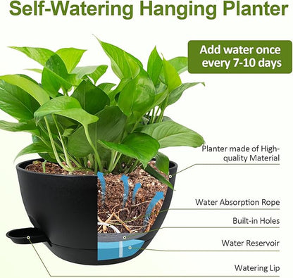 WOUSIWER Self Watering Hanging Planters, 2 Pack 10'' Plastic Pots with Drainage Holes & Reservoir Tray (Black) | Indoor & Outdoor Use for Ferns, Ivy, Herbs, Succulents