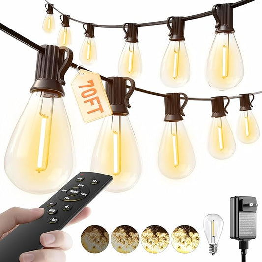 luckystyle 70FT LED Outdoor String Lights with Remote, 24+ 1 Shatterproof Bulbs Waterproof and Dimmable Patio Lights for Porch, Garden, Backyard, Deck, Balcony, 2700K Hanging Lighting