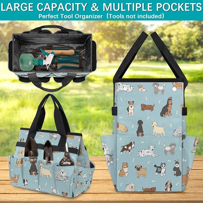 Dogs Prints Garden Tool Bag Waterproof Gardening Tool Storage Bag with Handle & 10 Pockets Gardening Tote Bag for Women Garden Tool Organizer