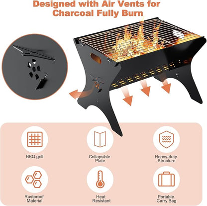 Camping Campfire Grill, Portable Folding Charcoal Grills, Backpacking BBQ Grill with Carry Bag, Outdoor Fire pit for Camping, Picnic, Bonfire, Patio, Backyard-16 Inch